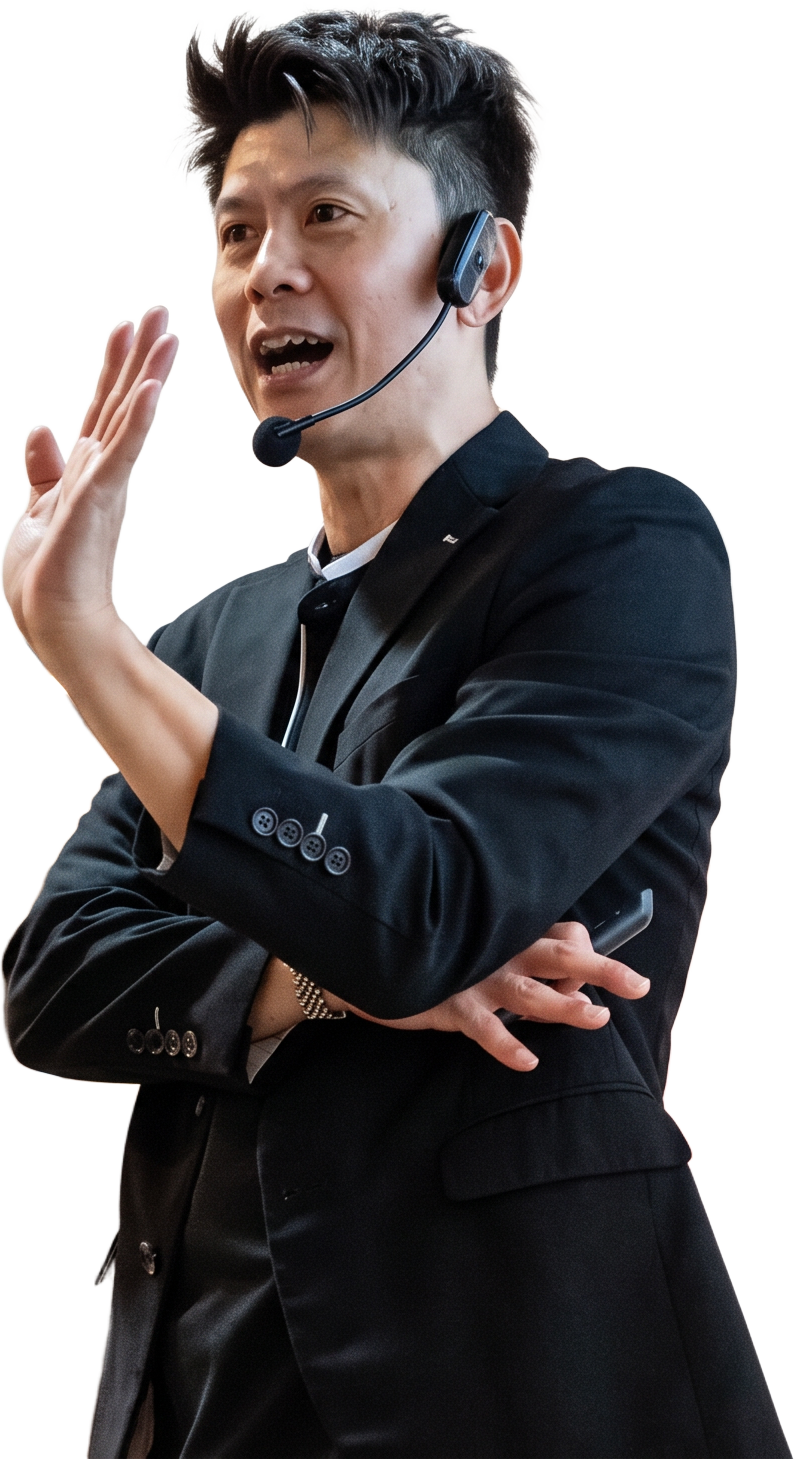 Russell Chin speaking with a headset microphone